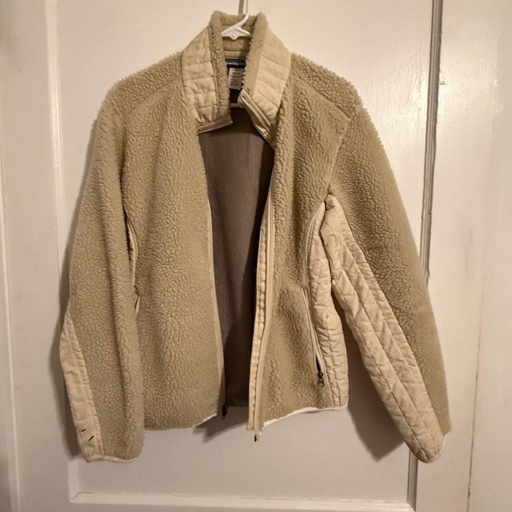 Patagonia Women's Full Zip Oatmeal Synchilla Fleece Sherpa Vintage Jacket Size L